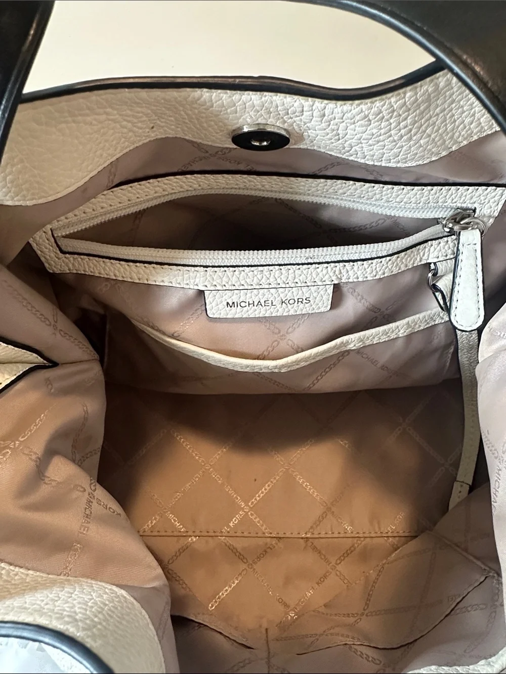 Michael Kors Cream Pebbled Leather Tote with Black Trim